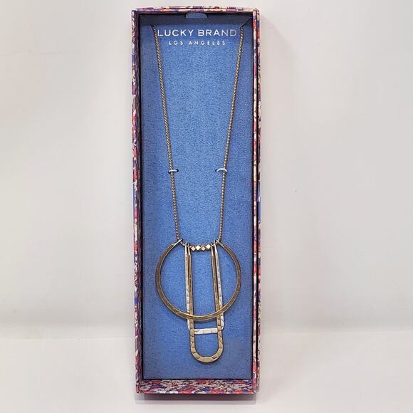 Lucky Brand Two Tone Geometric Pendant Chain Necklace Slider Boho Casual New - Picture 1 of 5